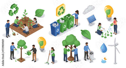 Vector art of ecofriendly concept with people caring for nature, recycling, and renewable energy sources