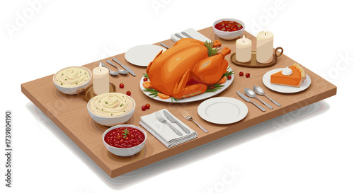 Vector art of thanksgiving dinner table setting with roasted turkey, mashed potatoes, cranberry sauce, and pumpkin pie