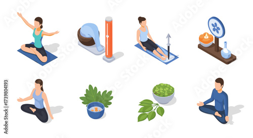 Vector art of collection of isometric yoga and wellness elements