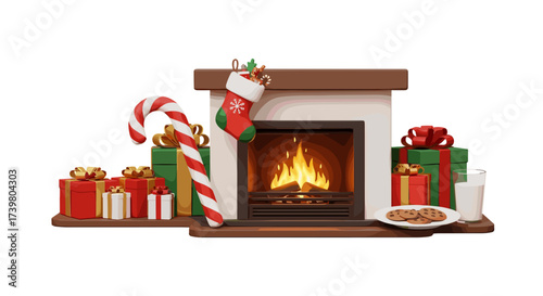 Vector art of cozy christmas fireplace with stockings, gifts, candy cane, cookies and milk