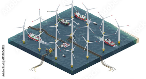 Vector art of offshore wind farm with turbines, ships, and cables