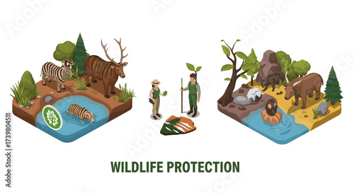 Vector art of wildlife protection concept with animals, people, and nature elements