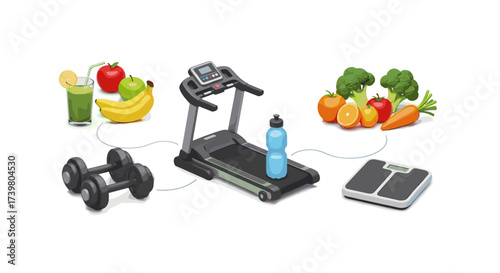 Vector art of healthy lifestyle concept with treadmill, dumbbells, fruits, vegetables, and scale