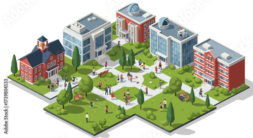 Vector art of isometric view of a university campus with students walking and buildings