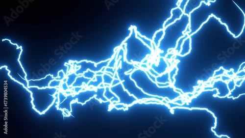The seamless loop animation of lightning effects in the deep black background created by procedural 3D modeling.