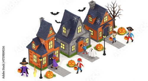Vector art of halloween trick or treat scene with decorated houses, children in costumes, and pumpkins