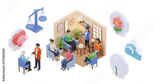 Vector art of group therapy session with diverse people in a room