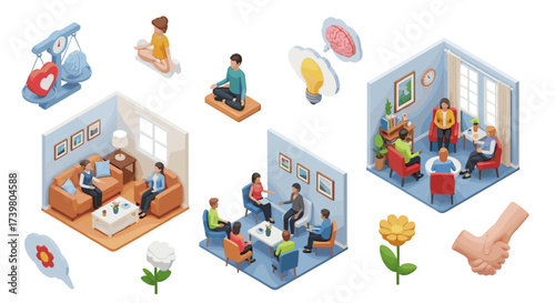 Vector art of isometric illustration of therapy sessions, mental health support, and teamwork