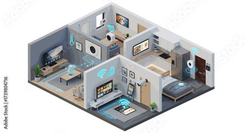 Vector art of isometric view of a smart home interior with connected devices and wifi signals