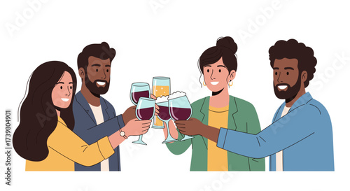 Vector art of diverse group of friends toasting with wine glasses