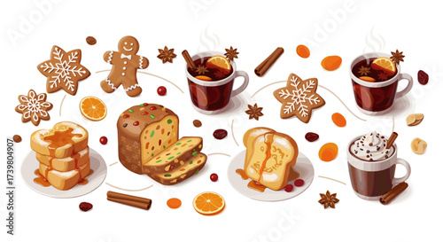 Vector art of christmas and winter holiday treats including gingerbread, panettone, mulled wine, and pancakes