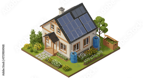 Vector art of ecofriendly house with solar panels and rainwater harvesting system