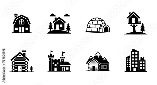 Silhouette Houses and Buildings Cabin, Igloo, Castle, Modern Urban Design Vector Icons