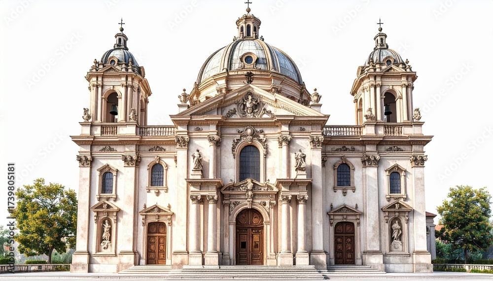 Fototapeta premium A realistic baroque basilica church with large dome, decorative carvings, and grand entrance isolated on white background 