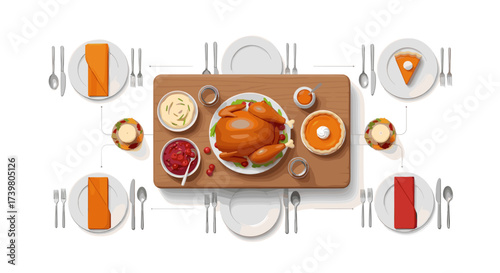 Vector art of thanksgiving dinner table setting with roasted turkey and side dishes
