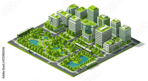 Vector art of isometric view of a futuristic green city with ecofriendly buildings and lush parks