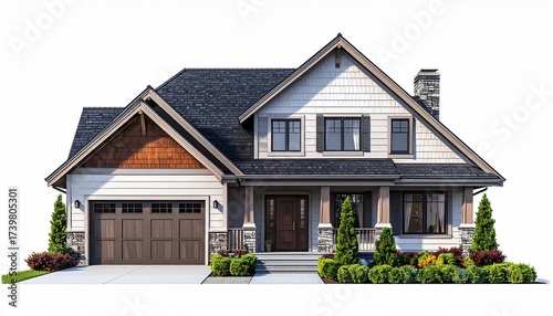 A realistic ranch style house with long low roofline, garage, and wide windows isolated on white background
