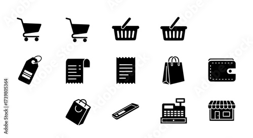Shopping Icons Set Cart, Basket, Tag, Receipt, Bag and More