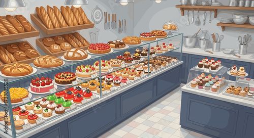 Vector art of a bakery display case filled with a variety of fresh bread, cakes, pastries, and cupcakes