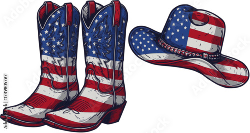 Cowboy boots and western hat. Vector red blue colors illustration of rodeo cowboy clothes with American flag decor isolated on white for design
