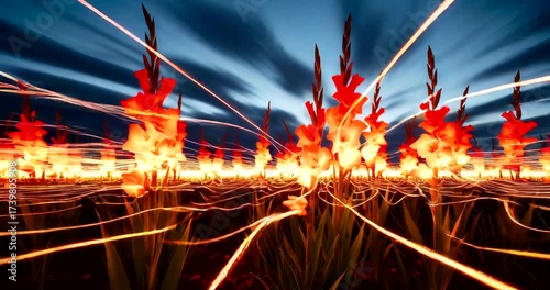 Vibrant field of gladiolus flowers illuminated by sunset with dynamic clouds