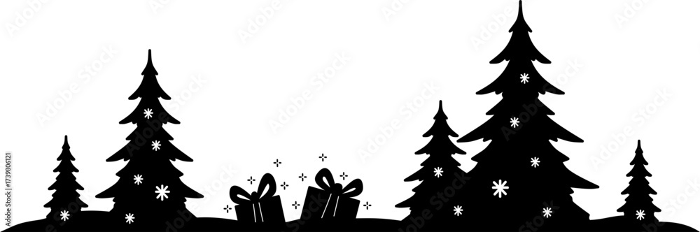 Obraz premium Christmas Tree with Gift Silhouette Outline Border Illustration