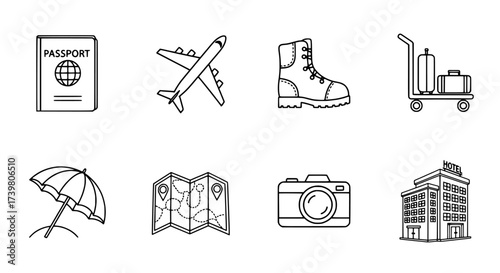 Travel Icons Passport, Plane, Boot, Luggage, Umbrella, Map, Camera, Hotel