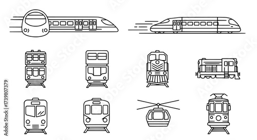 Various Line Art Illustrations of Trains and Transport