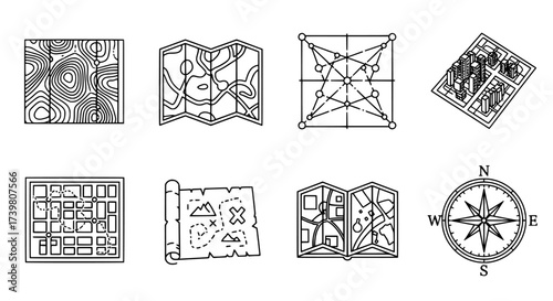 Maps and Navigation Icons Topographic, Treasure, City, and Compass Elements
