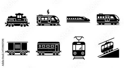 Set of Diverse Train Silhouette Icons for Transportation and Travel Concepts
