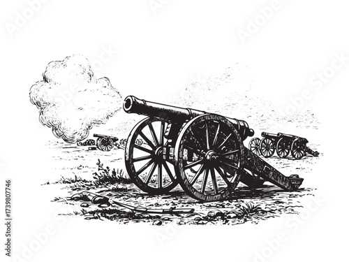 Cannon Firing Vintage Engraved War Battle Scene Illustration Vector
