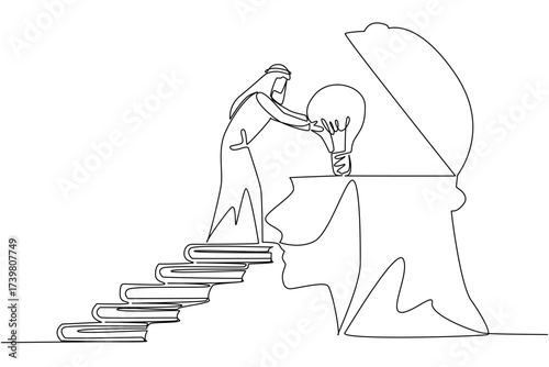 Single one line drawing Arab man walks carry big lightbulb towards silhouette of head with open top. Education sharpens creativity. National Creativity Day. Continuous line design graphic illustration