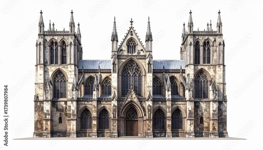 Fototapeta premium A realistic gothic cathedral with flying buttresses, tall windows, and ornate spires isolated on white background 