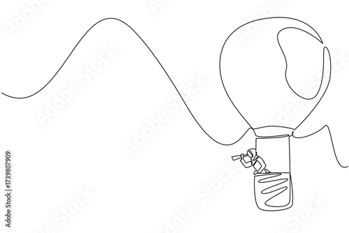 Single continuous line drawing Arab businesswoman rides hot air balloon shaped lightbulb, looks through using monocular. Increase chances. National Creativity Day. One line design vector illustration