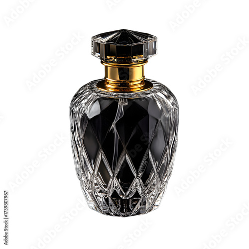 Elegant Luxury Fragrance Bottle with Golden Cap on Black Background