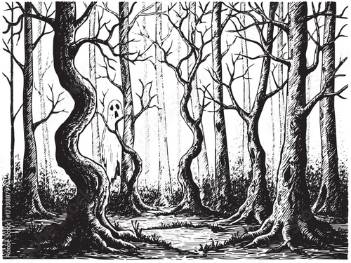 Ghostly Forest Vintage Engraved Halloween Scene Illustration Isolated Vector
