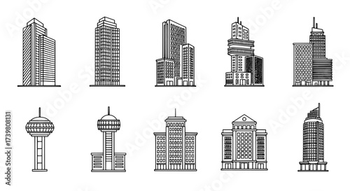 Set of black and white architectural line drawings of skyscrapers