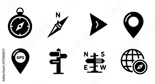 Navigational Icons Set Compass, Direction Arrows and Location Pins