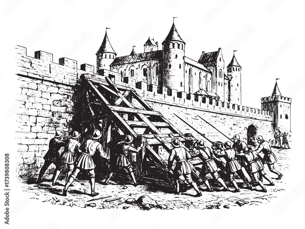 Fototapeta premium Siege Tower Assault Vintage Engraved Battle Scene Illustration Vector