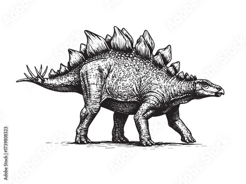 Stegosaurus Walking Vintage Engraved Prehistoric Dinosaur Illustration Vector