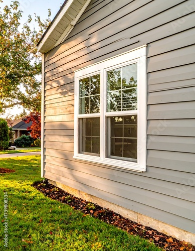 Exterior of a house with gray siding and a white window