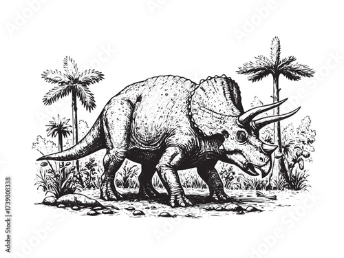Triceratops Grazing Vintage Engraved Prehistoric Dinosaur Illustration Vector