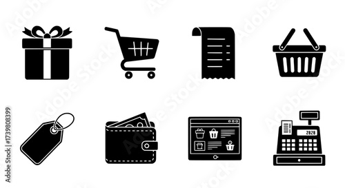 Shopping Icons Gift, Cart, Receipt, Basket, Tag, Wallet, Online Shop, and Cash Register