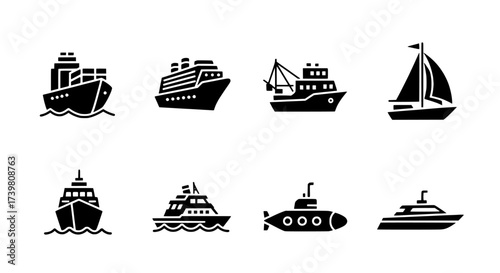 Collection of Maritime Vessels Icons of Ships, Boats, and Submarines