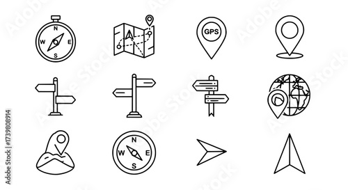 Navigation and Location Outline Icons for Maps and Travel