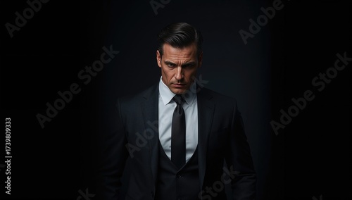Full-length portrait of a serious businessman in formal attire standing confidently in shadows with focused expression and clean-cut hairstyle in dark setting
