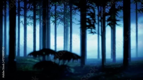 Tracking Dolly Bamboo Forest Night Stalk Glowing Neon Light Mist Drifting Ethereal Glow Ambience