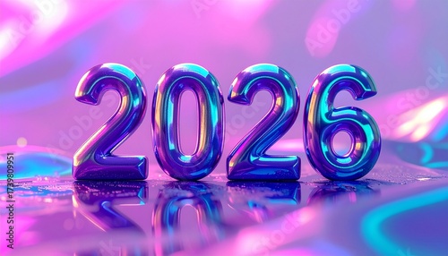Futuristic Celebration of the Year 2026 Glossy Metallic Numerals Reflecting Dynamic Neon Lights on a Modern Liquid Surface for a Bright Future