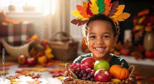 Smiling black boy in turkey hat holding basket with vegetables and fruits. African American family celebrating Thanksgiving Day, harvest	