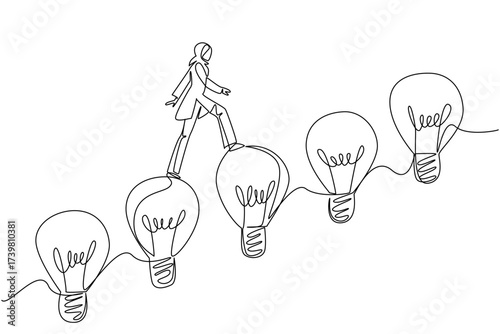 Single continuous line drawing Arab woman walks on lightbulb resemble stairs. Walk up the level with confidence. Getting past the deadlock. National Creativity Day. One line design vector illustration